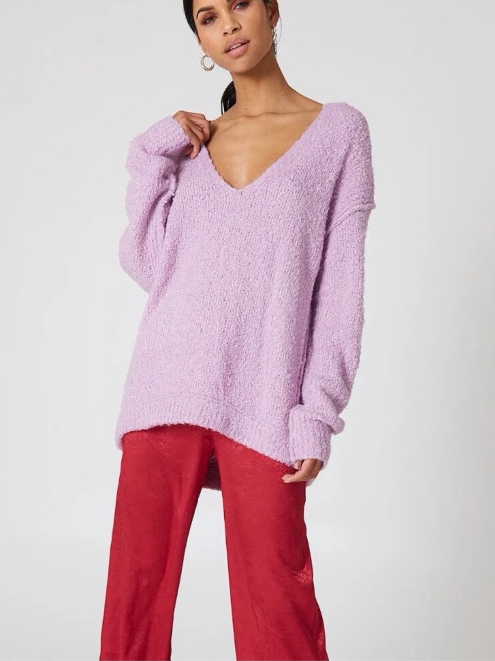 Free People Lofty V-Neck Alpaca Blend Oversized Sweater Lavender Size L